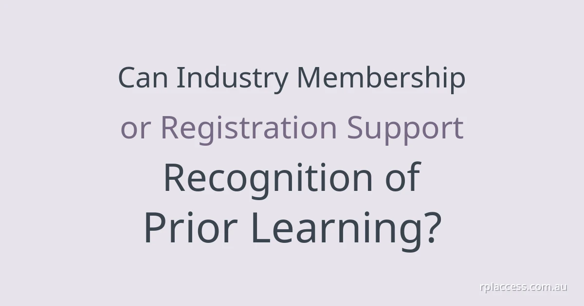 Pale sage title graphic about industry membership, registration and RPL, with rplaccess.com.au at the bottom right.