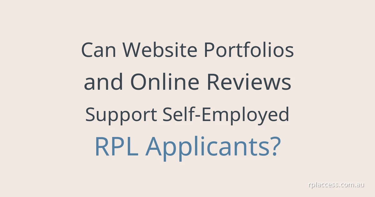 Article title about website portfolios and online reviews for self-employed RPL on a light background, with rplaccess.com.au
