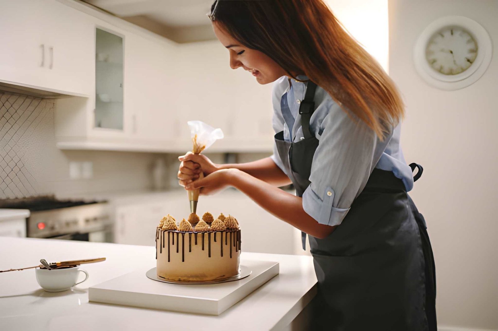 Patisserie chef decorating pastries in a commercial kitchen