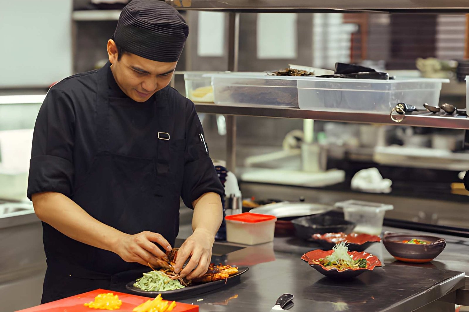 Chef preparing Asian cuisine dishes in a commercial kitchen for Asian Cookery RPL