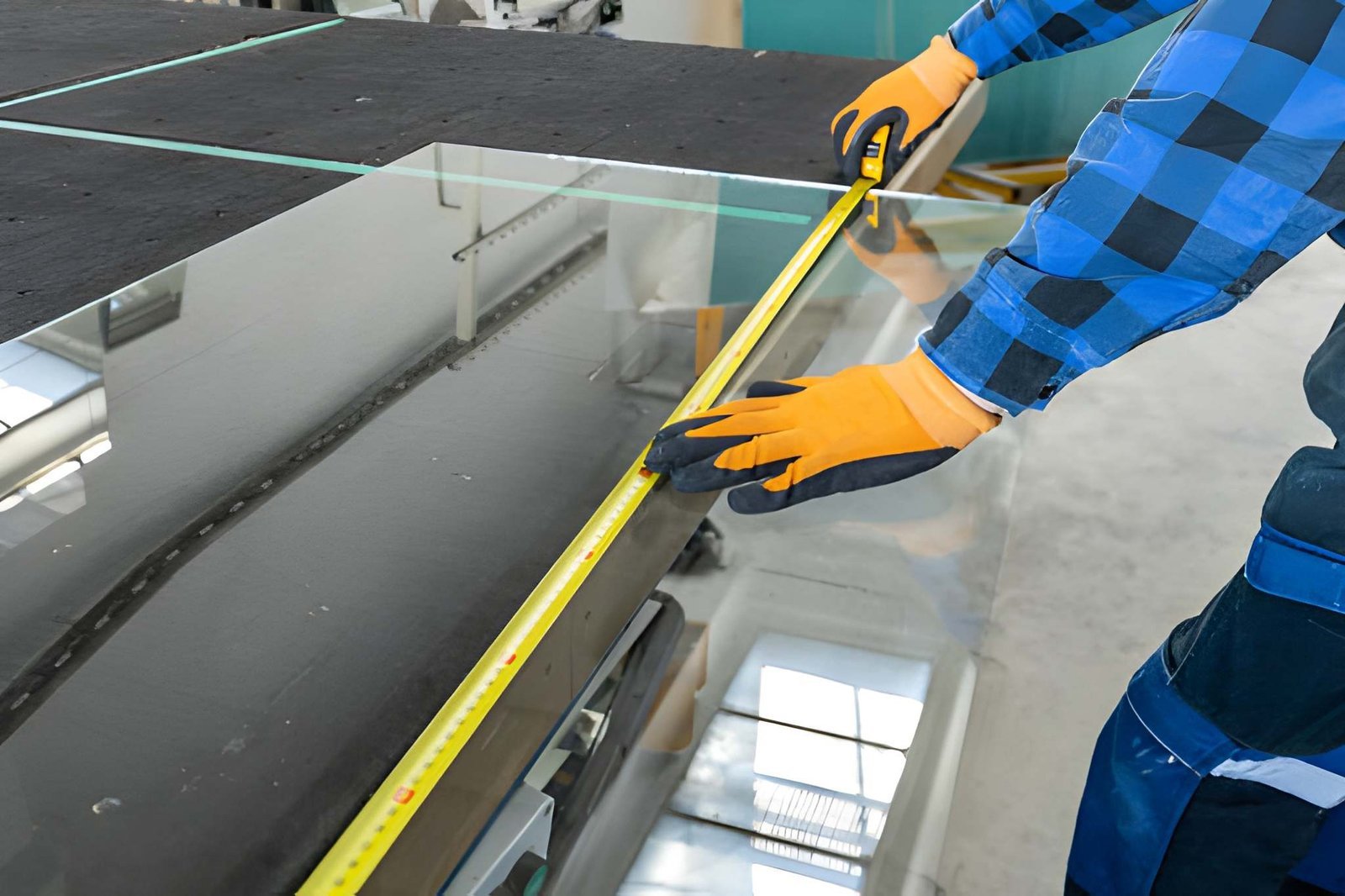 Glazier measuring and installing a glass panel on a work site
