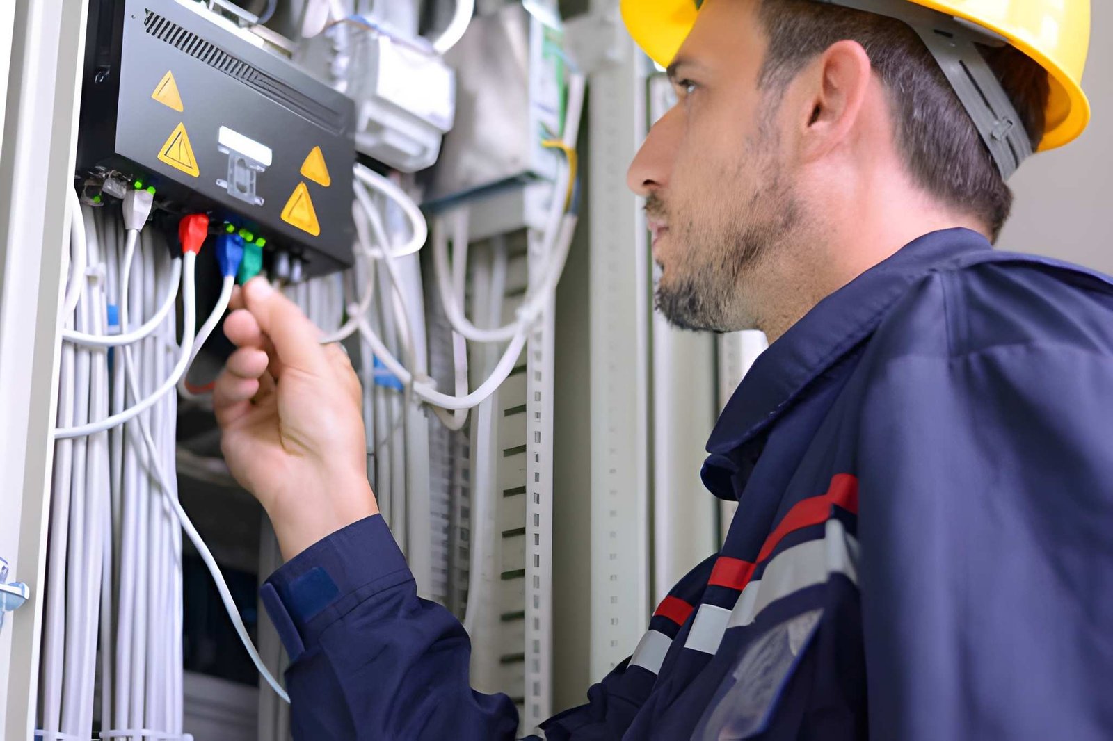 Telecommunications technician working on network cabling and equipment