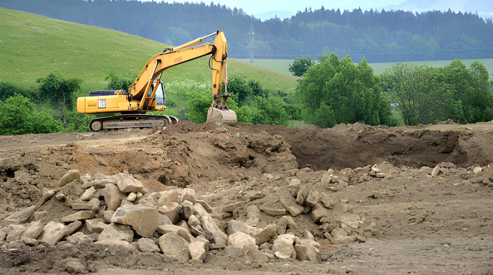 Civil construction plant operator working an excavator on a construction site